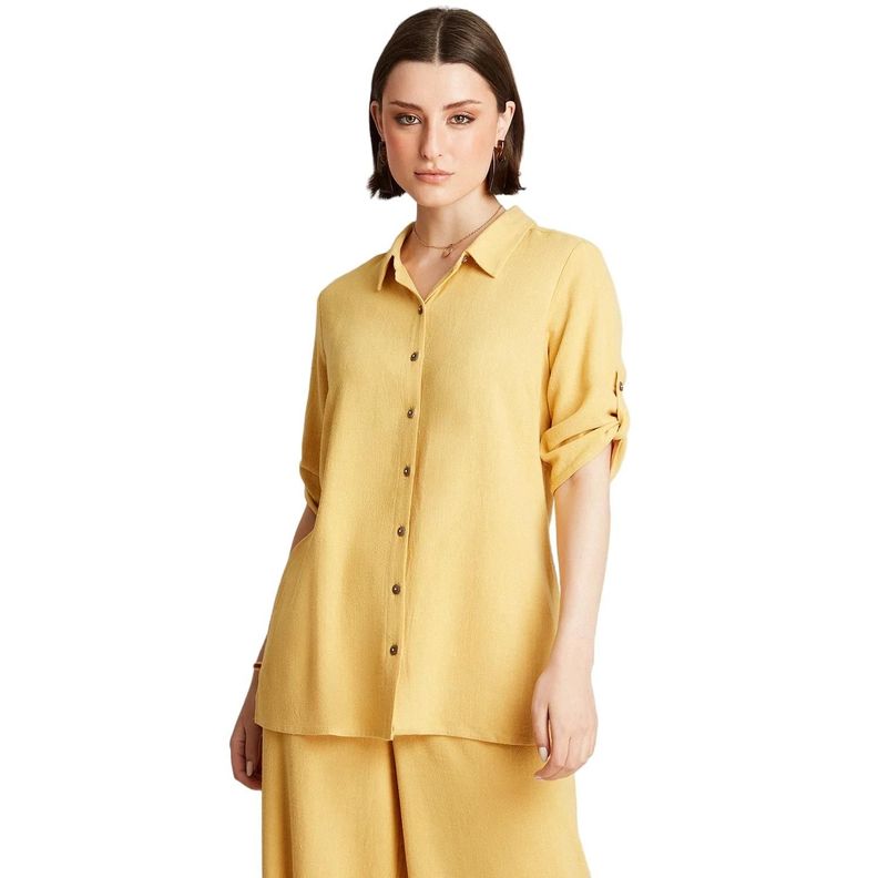 Blusa Mostaza Manga Codo Liso Cuello Camisero-0