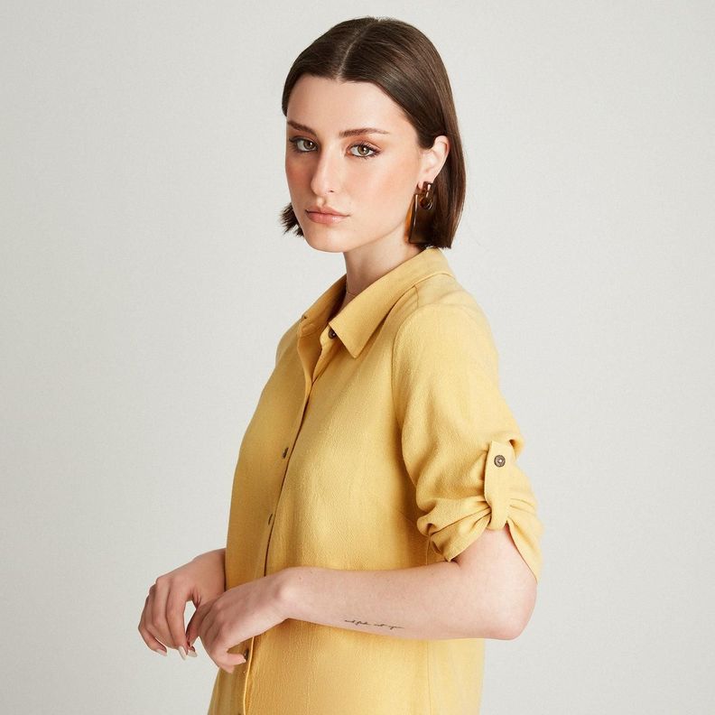 Blusa Mostaza Manga Codo Liso Cuello Camisero-2
