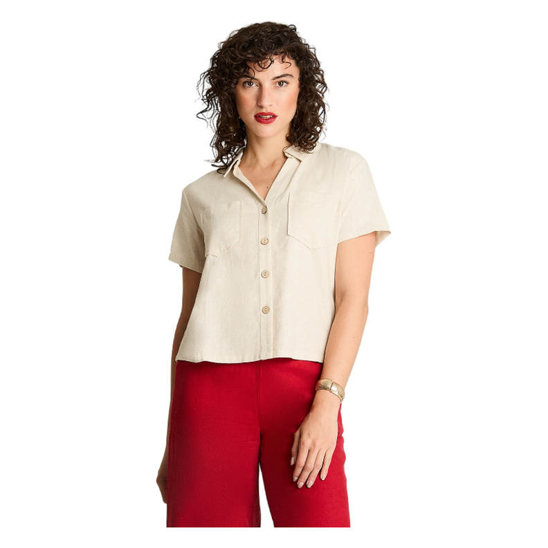 Blusa Crop Manga Corta Lino Con Bolsillos Beige-0