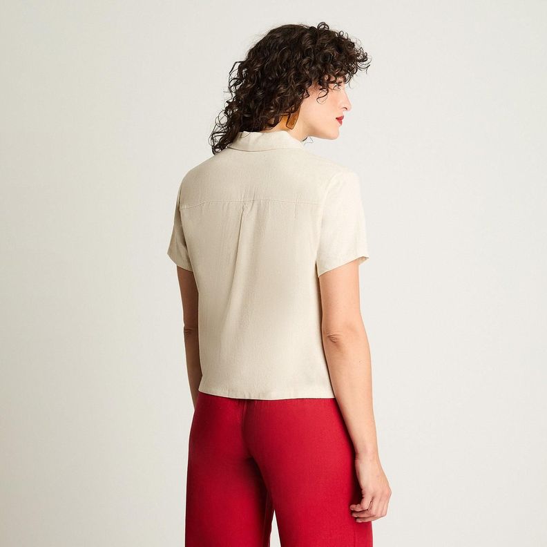 Blusa Crop Manga Corta Lino Con Bolsillos Beige-1