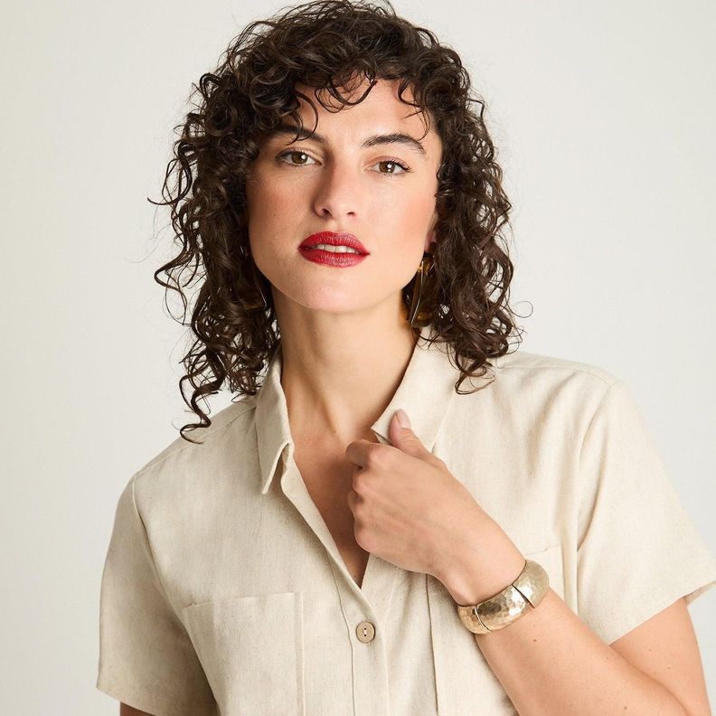 Blusa Crop Manga Corta Lino Con Bolsillos Beige-2