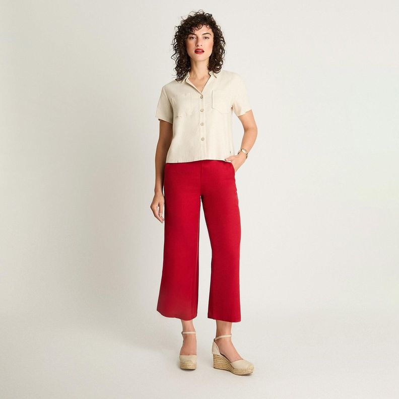 Blusa Crop Manga Corta Lino Con Bolsillos Beige-3