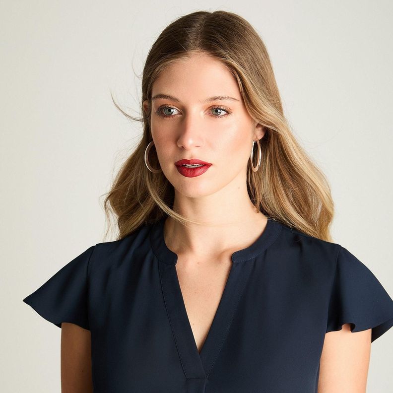 Blusa Escote Mao Manga Corta Con Vuelo Azul-2