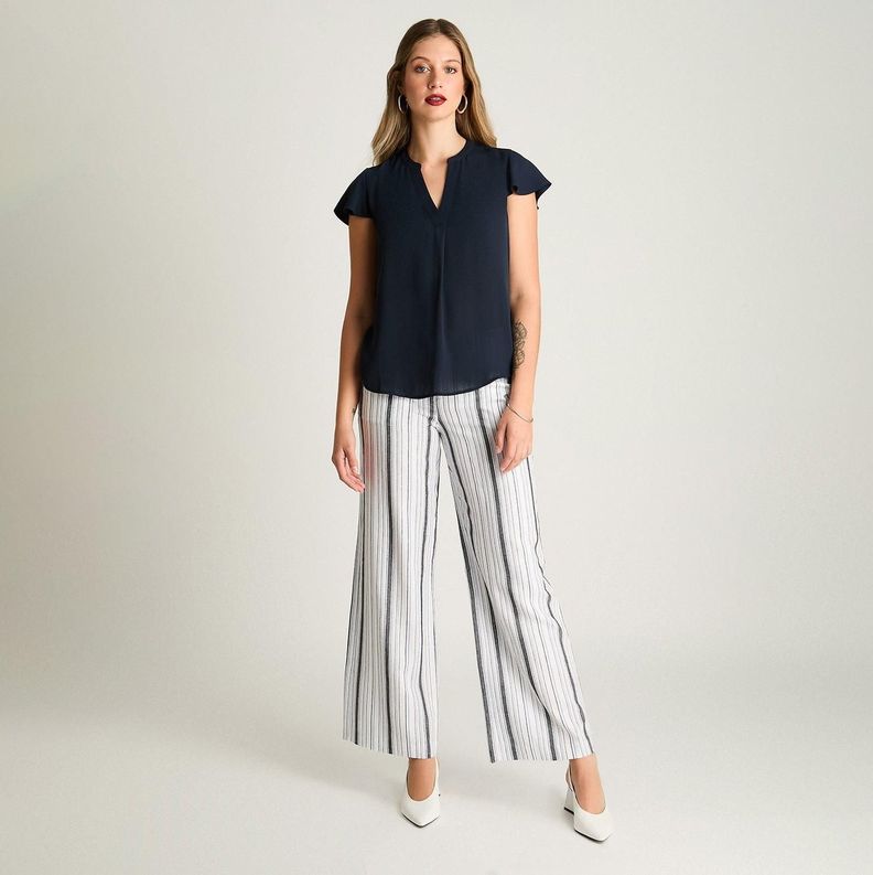 Blusa Escote Mao Manga Corta Con Vuelo Azul-3