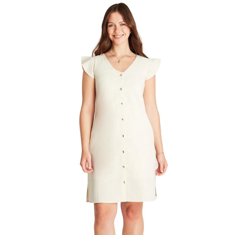 Vestido Corto Beige Manga Corta Cuello V-0