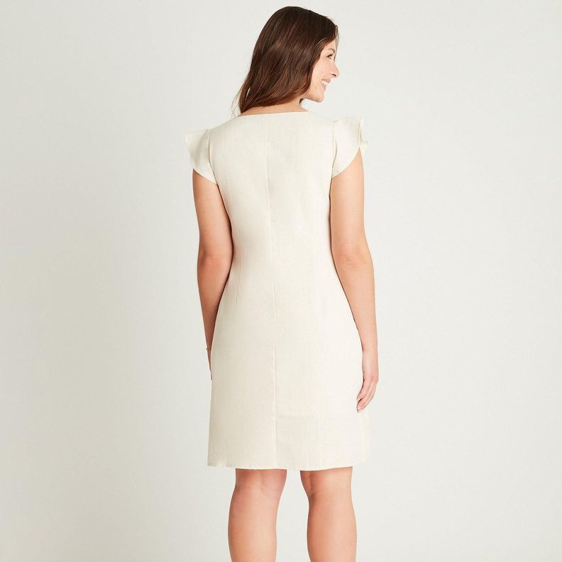 Vestido Corto Beige Manga Corta Cuello V-1