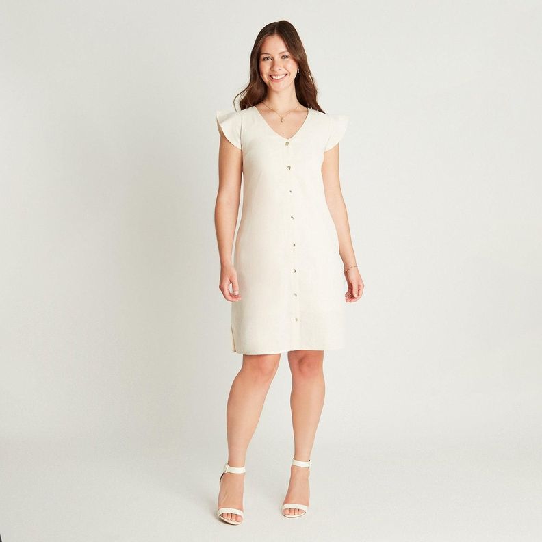 Vestido Corto Beige Manga Corta Cuello V-3