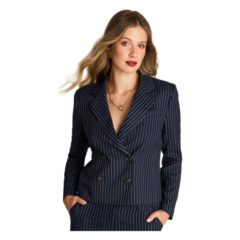 Blazer Crop Manga Larga Cruzado Con Listado Azul-0