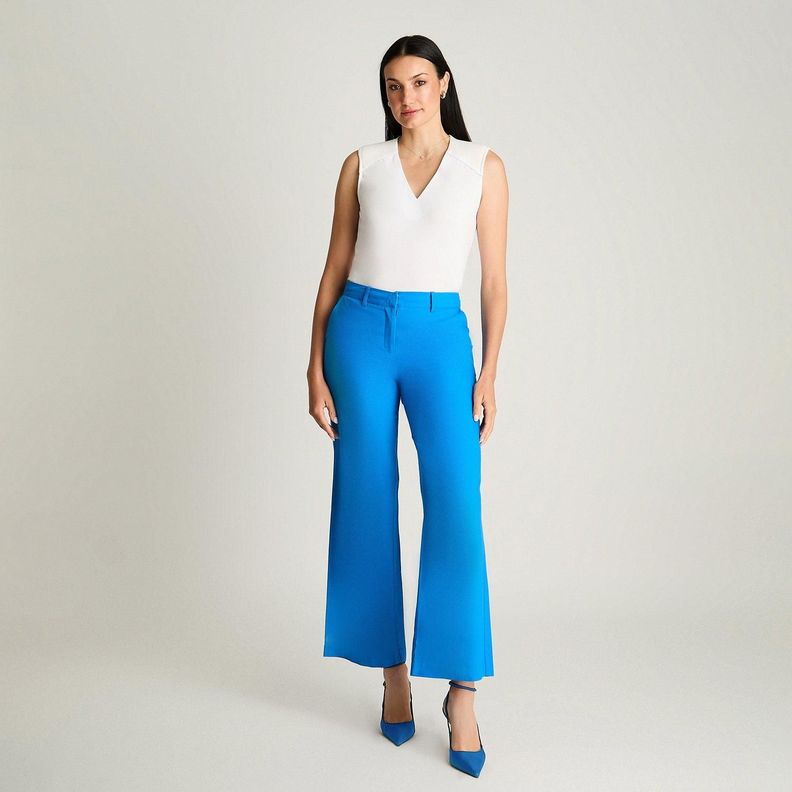 Pantalón Formal Palazzo Con Botón Oculto Celeste-3