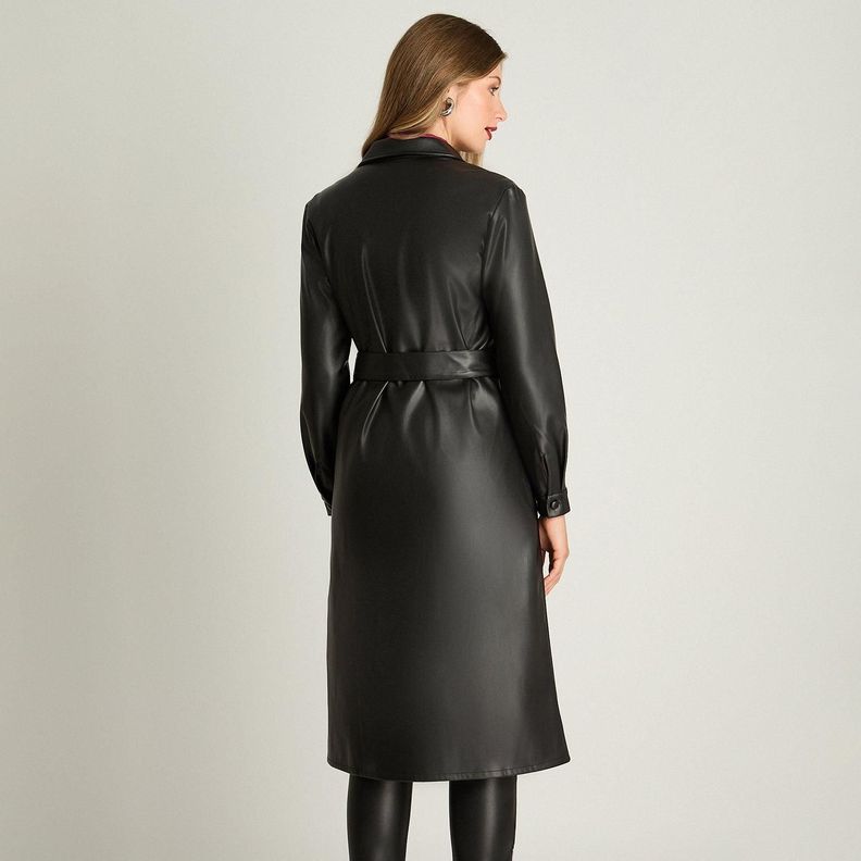 Vestido De Eco Cuero Con Botones Y Cinturón Negro-1