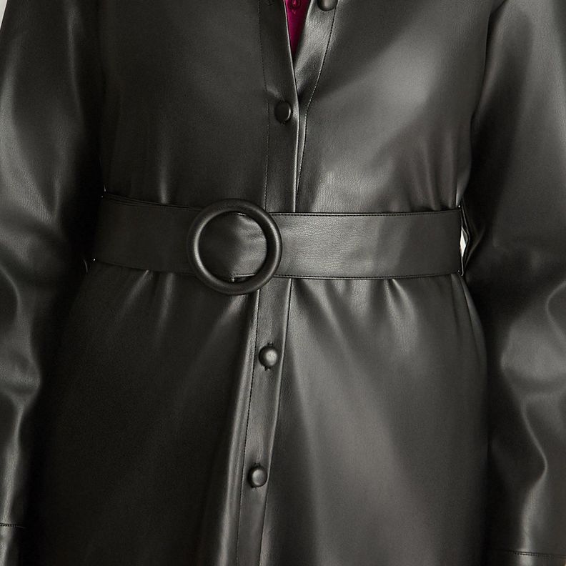 Vestido De Eco Cuero Con Botones Y Cinturón Negro-2