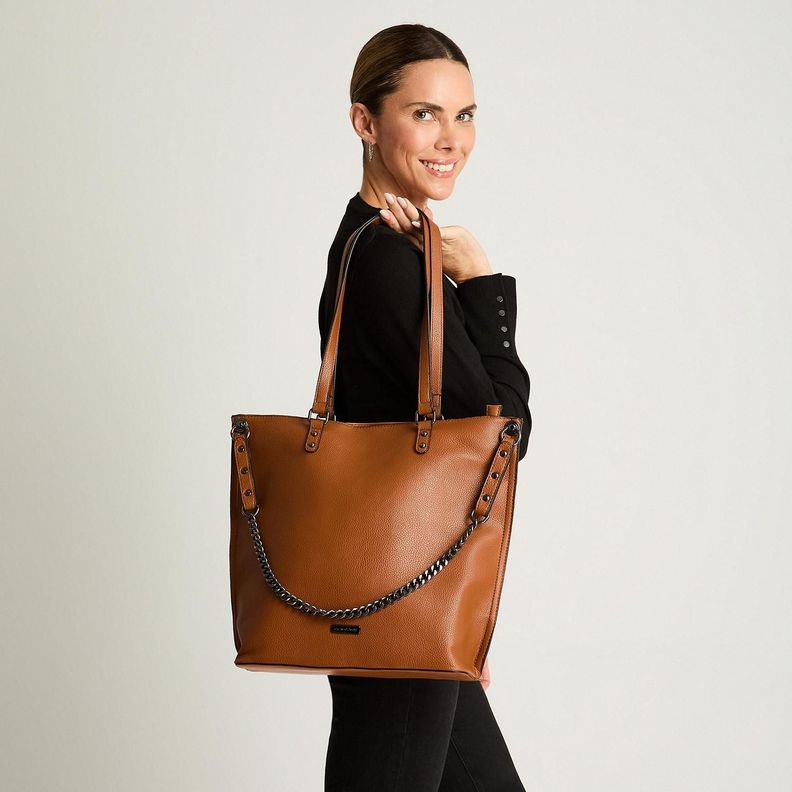 Cartera Grande De Pu Con Strap Y Cadena Camel-3