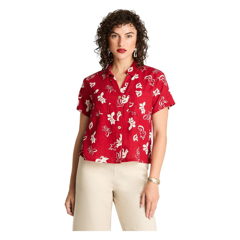 Blusa Crop Manga Corta Lino Con Bolsillos Rojo-0
