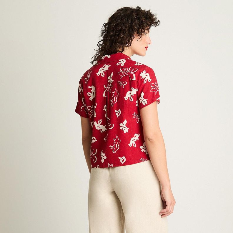 Blusa Crop Manga Corta Lino Con Bolsillos Rojo-1