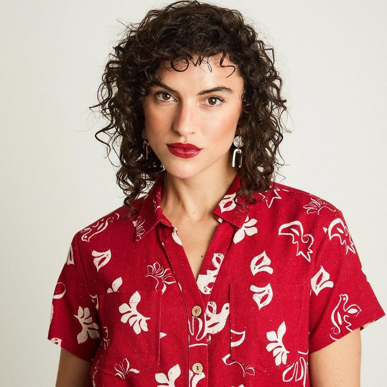 Blusa Crop Manga Corta Lino Con Bolsillos Rojo-2