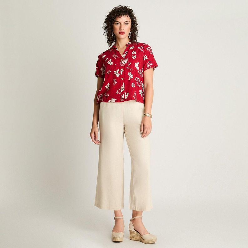 Blusa Crop Manga Corta Lino Con Bolsillos Rojo-3