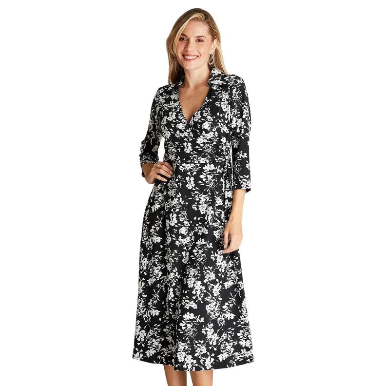 Vestido Midi Negro Manga 3,4 Estampado Cuello Camisero-0