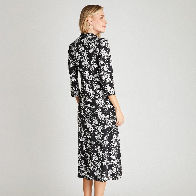 Vestido Midi Negro Manga 3,4 Estampado Cuello Camisero-1