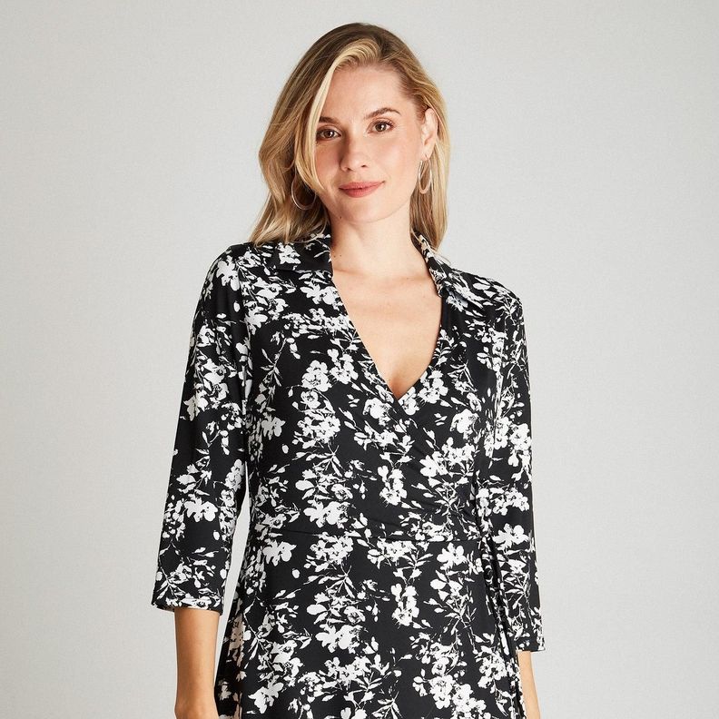 Vestido Midi Negro Manga 3,4 Estampado Cuello Camisero-2