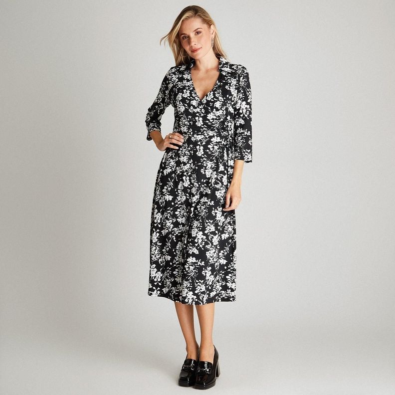 Vestido Midi Negro Manga 3,4 Estampado Cuello Camisero-3