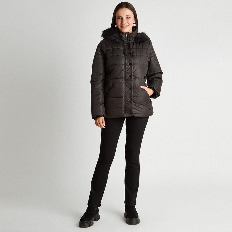 Parka Negra Con Gorro Detalle En Cintura-3