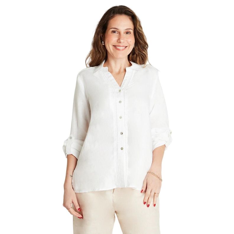 Blusa Lino Blanco Manga Larga Cuello Camisero-0