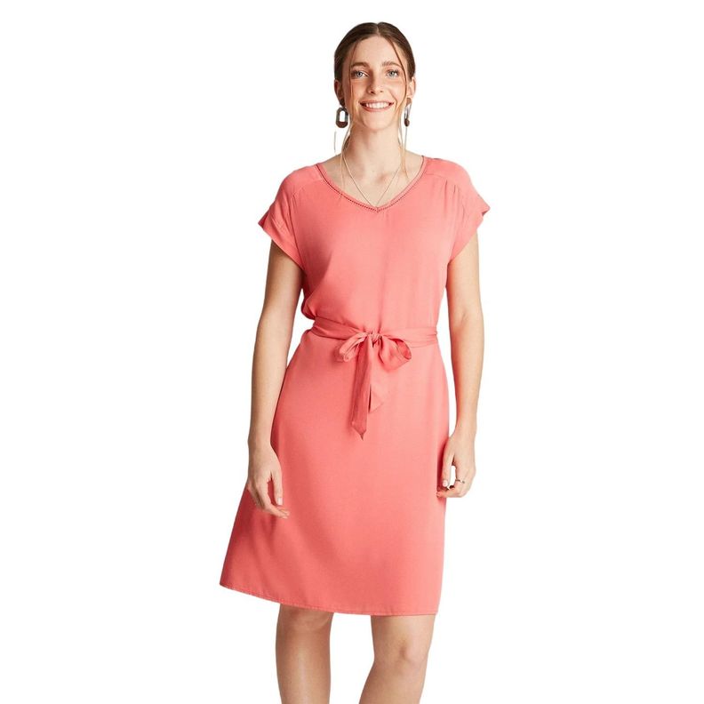 Vestido Midi Coral Manga Kimono Cuello V-0