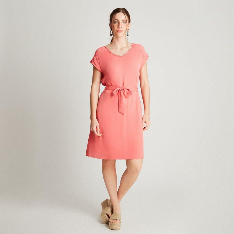 Vestido Midi Coral Manga Kimono Cuello V-3