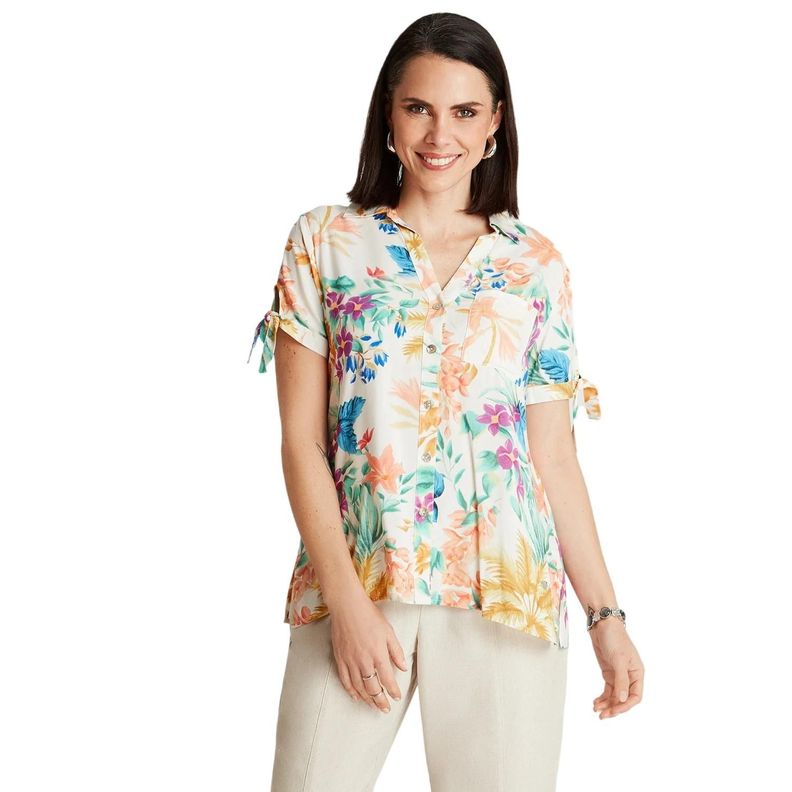 Blusa Crudo Manga Corta Estampado Cuello Camisero-0