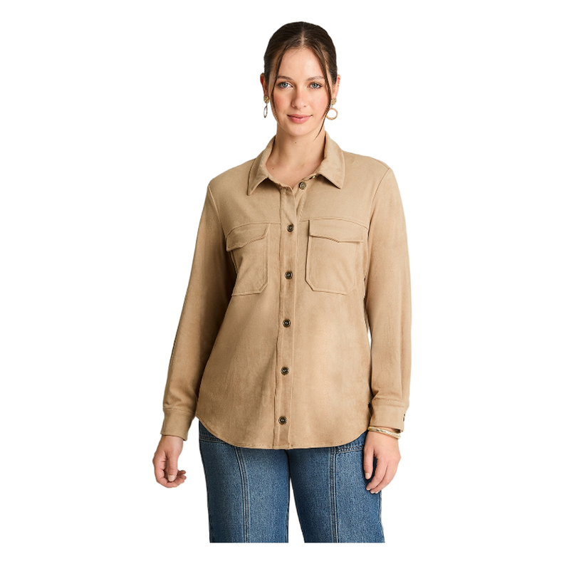 Chaqueta Sobrecamisa Suede Manga Larga Bolsillos Camel-0