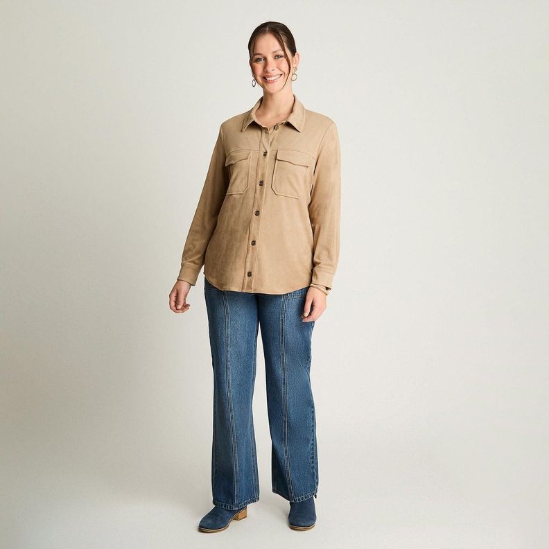 Chaqueta Sobrecamisa Suede Manga Larga Bolsillos Camel-3