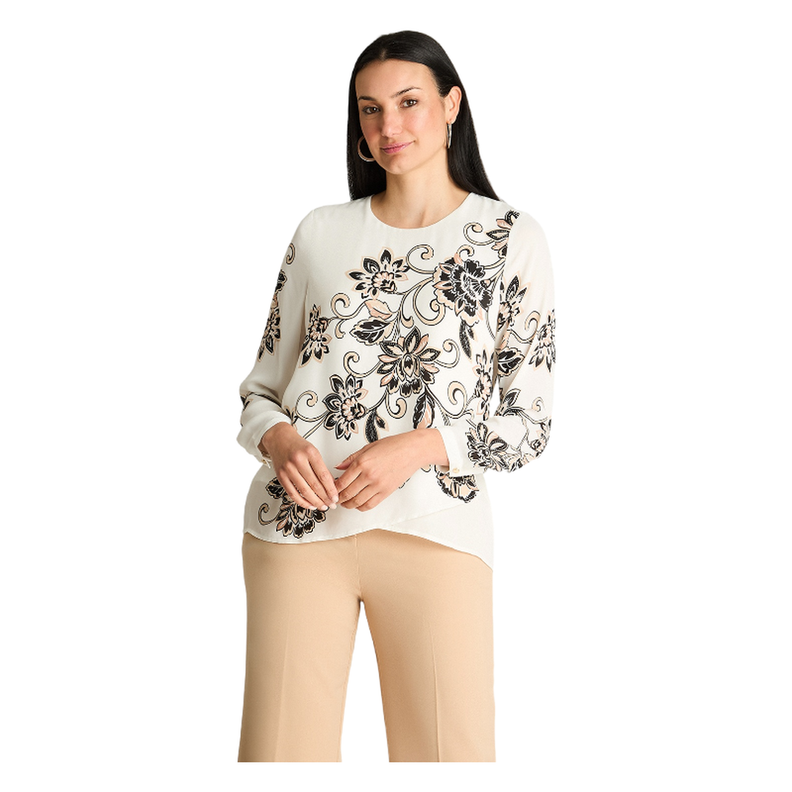 Blusa Manga Larga Escote Redondo Con Capas Crudo-0