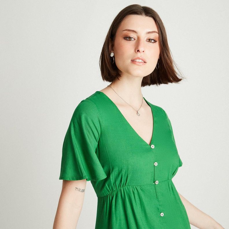 Vestido De Lino Verde Escote V Con Botones-2