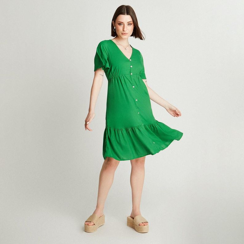 Vestido De Lino Verde Escote V Con Botones-3