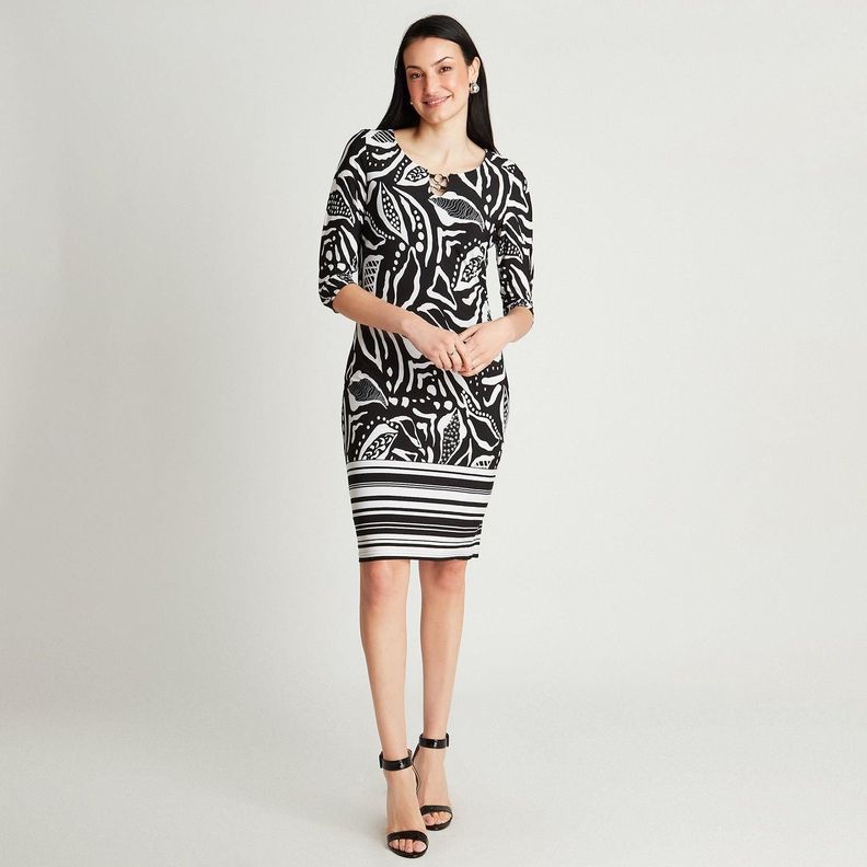 Vestido Midi Negro Manga 3/4 Estampado Cuello Redondo-3