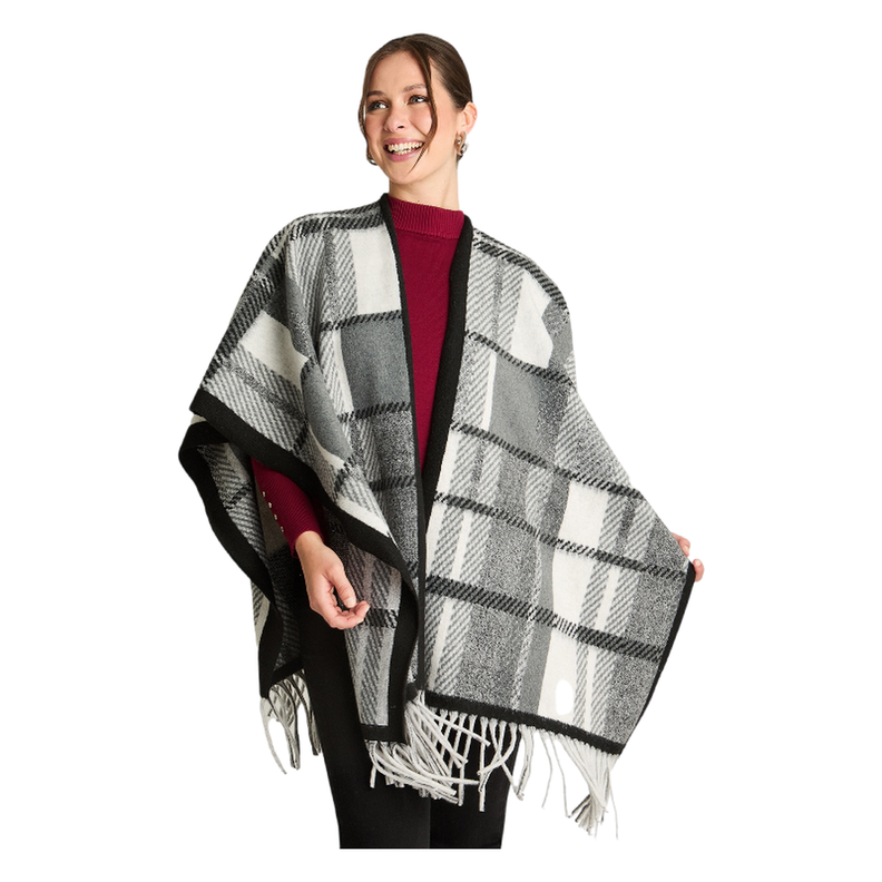 Poncho Tejido Cuadros Negro-0