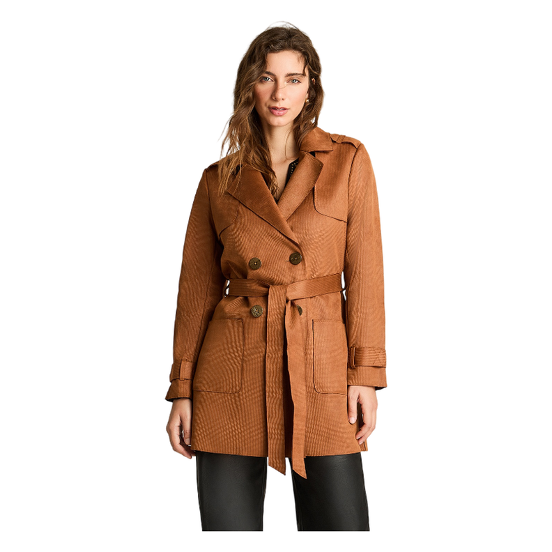 Trench Suede Bondeado Manga Larga  Con Lazo Camel-0