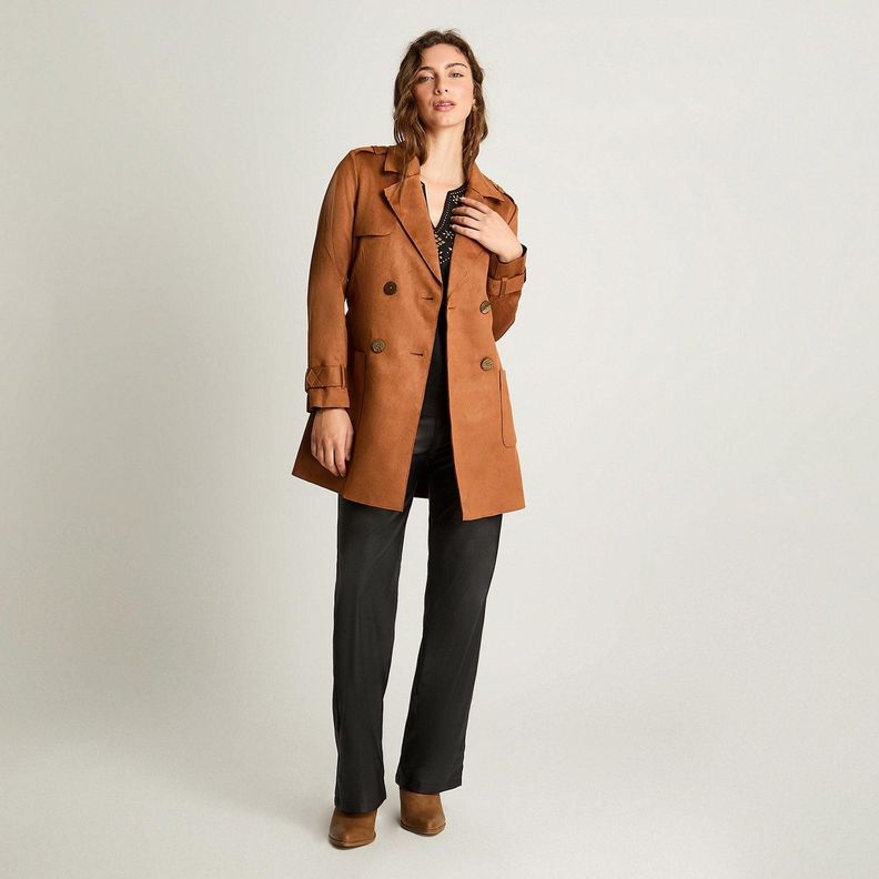 Trench Suede Bondeado Manga Larga  Con Lazo Camel-3