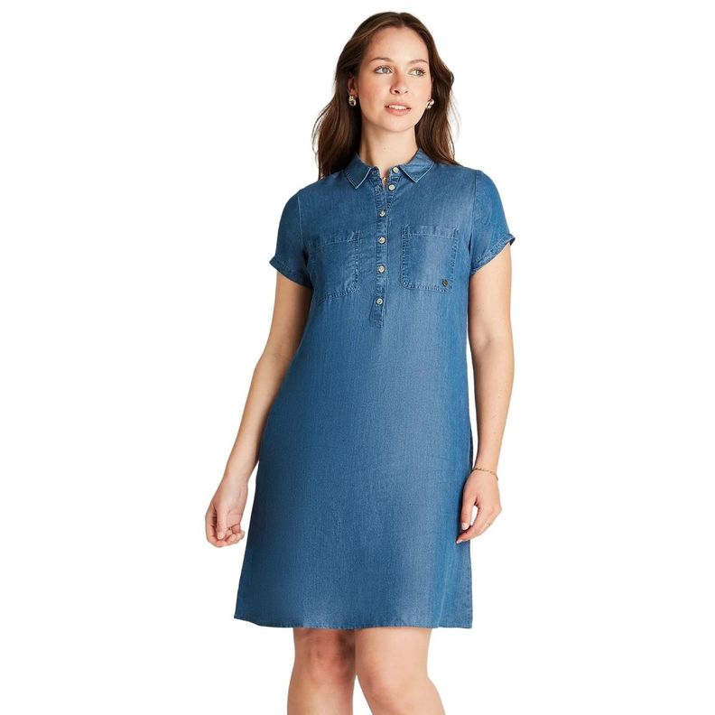 Vestido Corto Azul Manga Corta Cuello Camisero-0