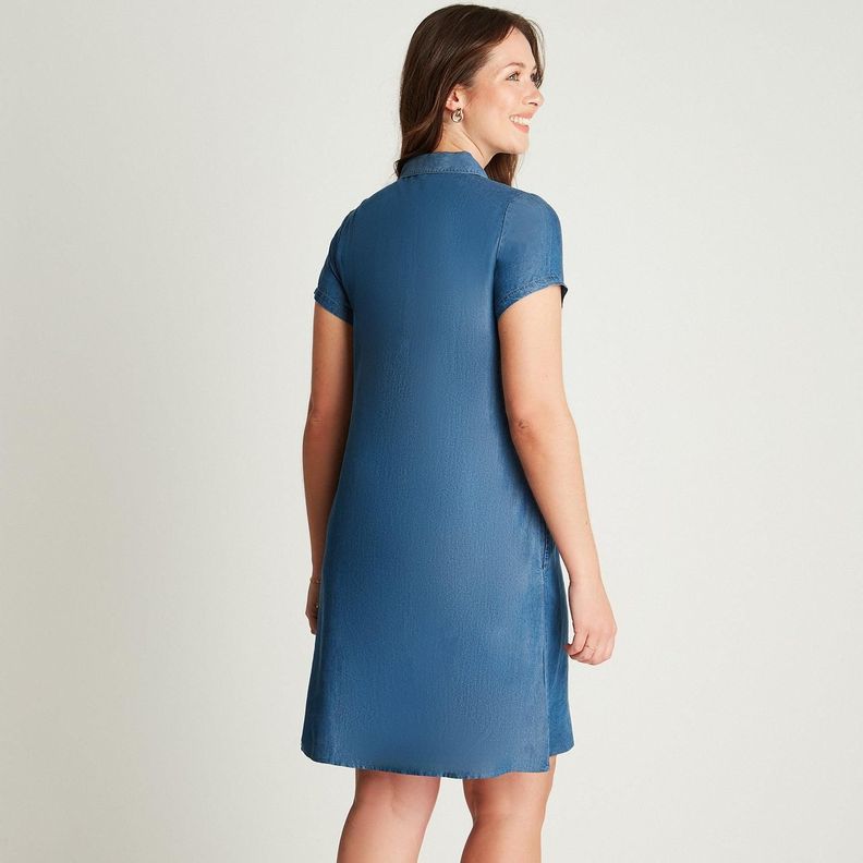 Vestido Corto Azul Manga Corta Cuello Camisero-1