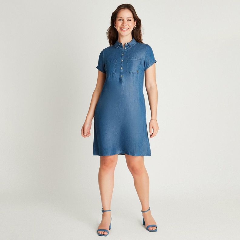 Vestido Corto Azul Manga Corta Cuello Camisero-3