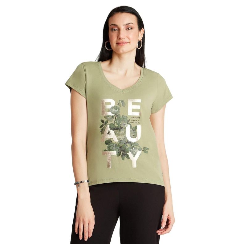 Polera Verde Manga Corta Estampado Cuello V-0