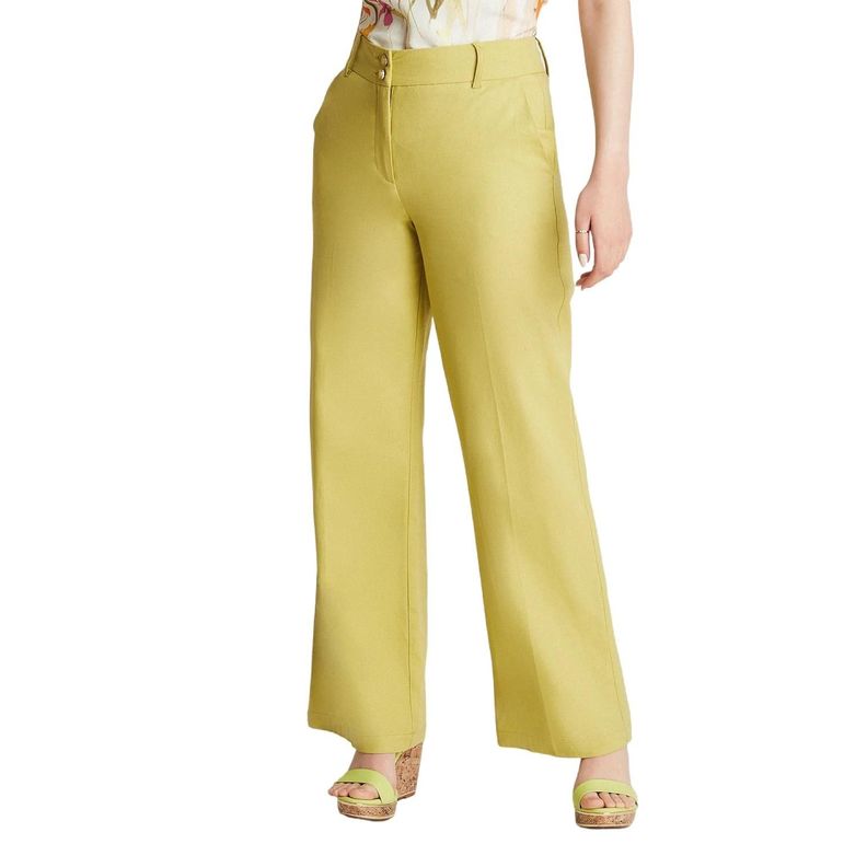 Pantalón De Lino Verde Claro Recto Con Pretina Ancha-0