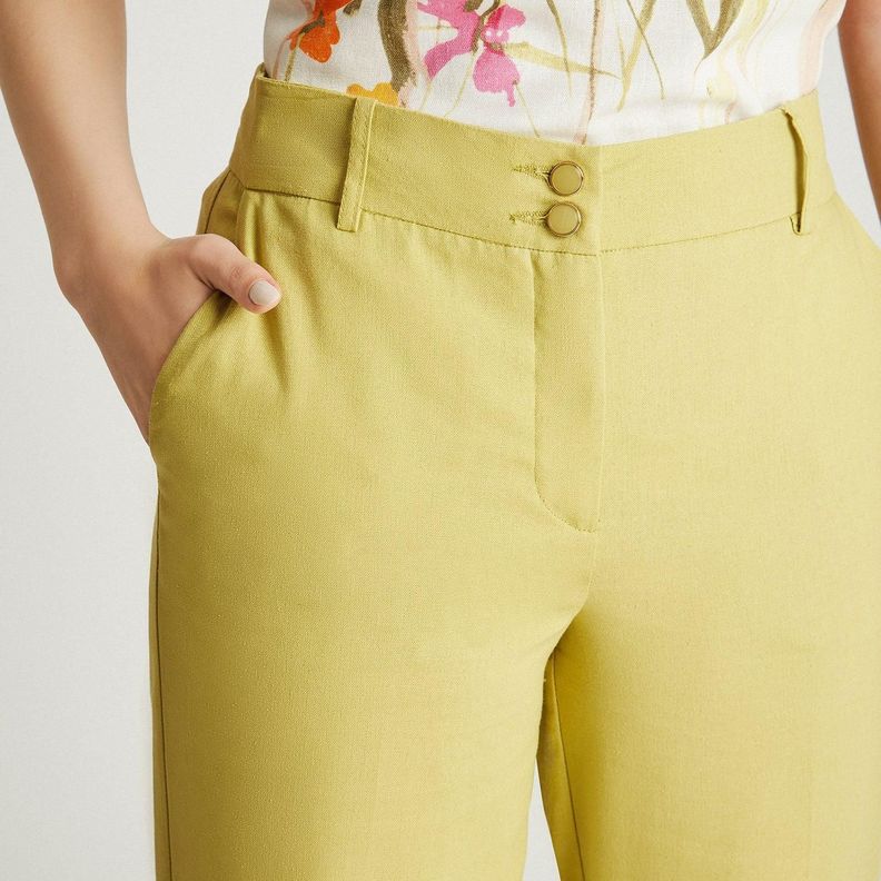 Pantalón De Lino Verde Claro Recto Con Pretina Ancha-2