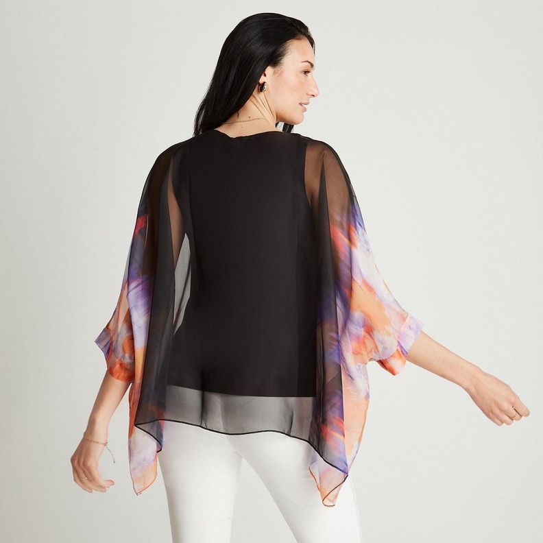 Túnica Negro Manga Corta Estampado Cuello Redondo-1