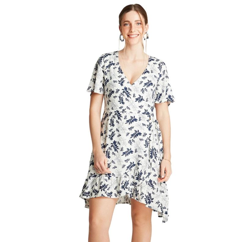 Vestido Midi Crudo Manga Corta Estampado Cuello V-0