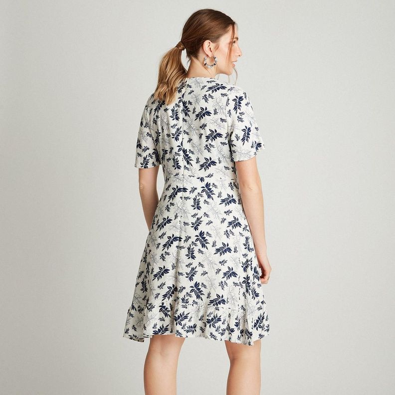 Vestido Midi Crudo Manga Corta Estampado Cuello V-1