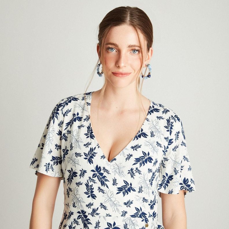 Vestido Midi Crudo Manga Corta Estampado Cuello V-2