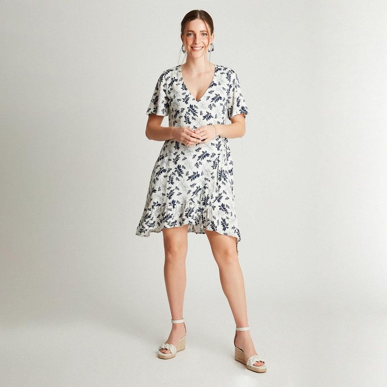 Vestido Midi Crudo Manga Corta Estampado Cuello V-3