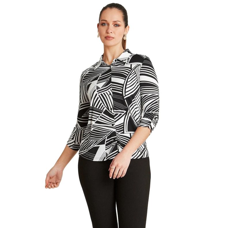 Polera Negro Manga Larga Estampado Cuello Camisero-0